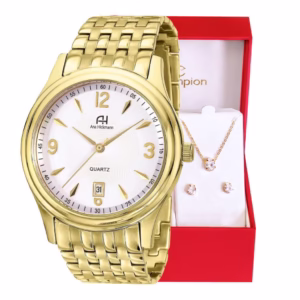Relógio Champion Ana Hickmann Dourado Feminino + Colar e Brincos À Prova d’Água Kit AH28508H