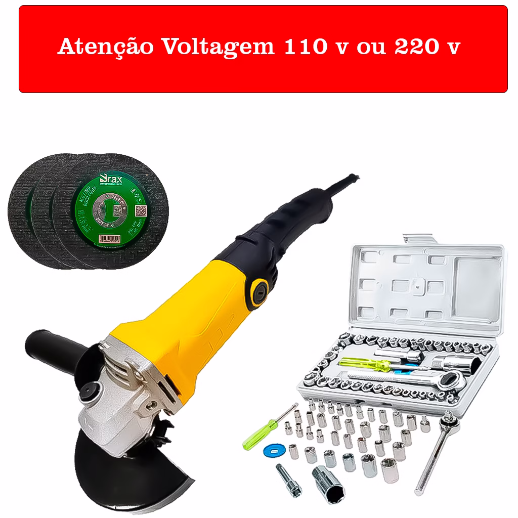 Kit Esmerilhadeira Lixadeira 4.1/2 800W 220v Ou 110v + Soquetes Chave Catraca 40 Peças + 3 Discos - Imagem 2