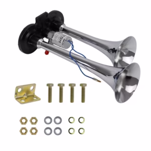 Buzina Ar Cromada 2 Cornetas Eletropneumática - Vetor 12v Ou 24v