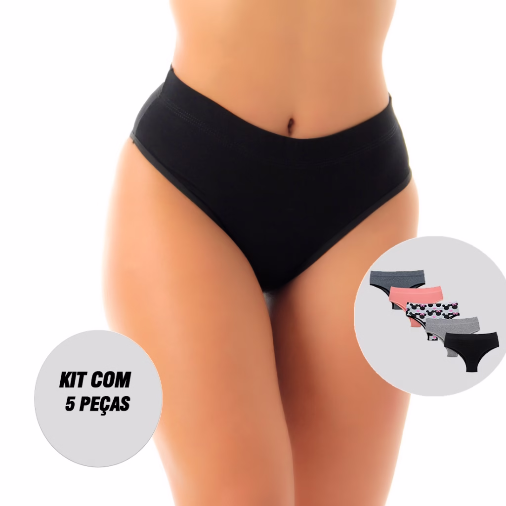 KIT 5 Calcinhas Lingerie Algodão Conforto Cintura Alta Compressão Francesinha