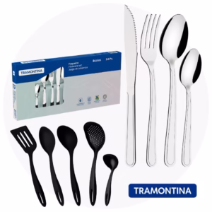 Kit Jogo de Utensílios 5 Peças Ability Preto + Faqueiro 24 Peças Búzios Inox Tramontina