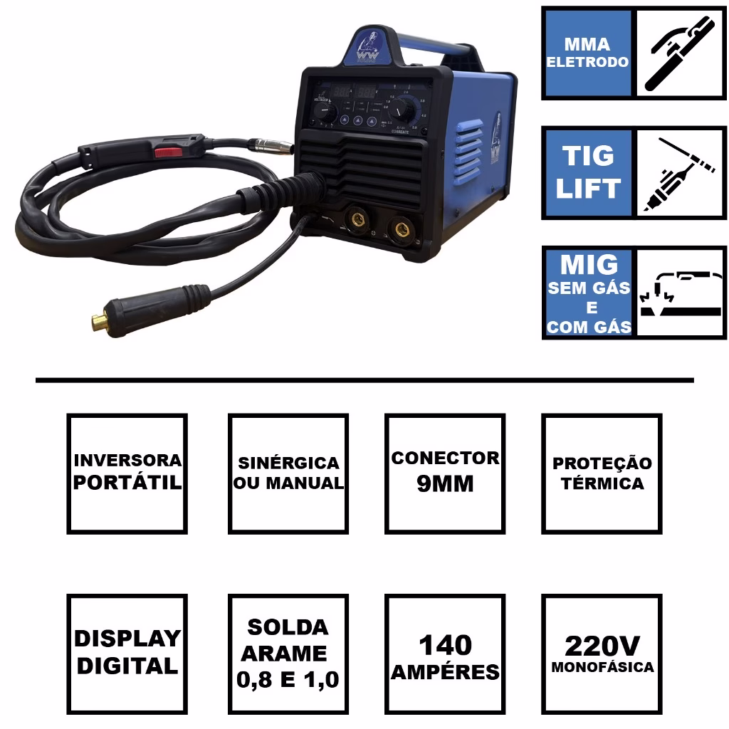 Maquina Inversora Multiprocesso Mig/tig/eletrodo 140amp 220V Wwsoldas - Imagem 2