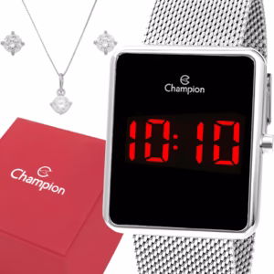 Relógio Champion Feminino Prata Digital LED Original com garantia de 1 ano acompanha colar e brincos