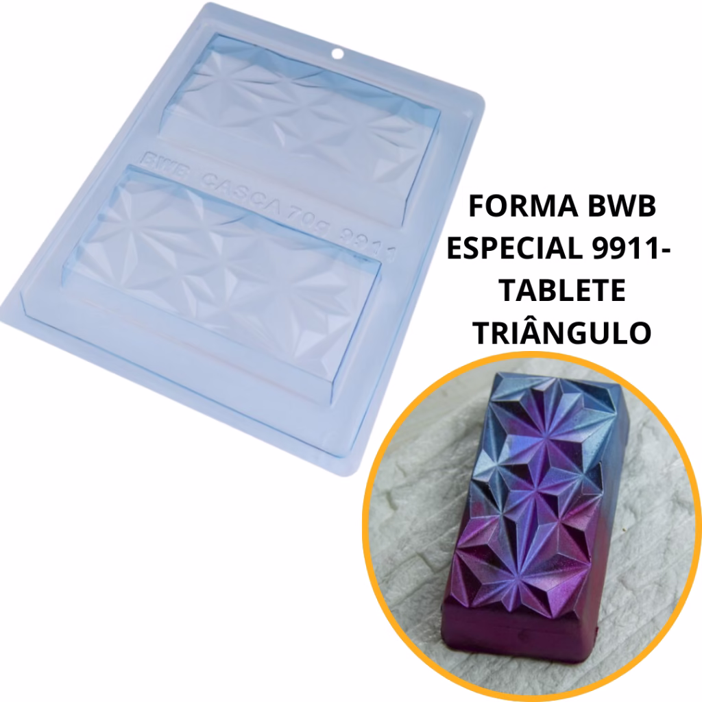 1~4 Forma BWB Com Silicone (3partes) Para Chocolate Cód.9911- Tablete Triângulo 250g. Barra Recheada