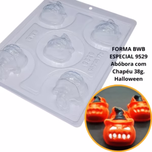 1~4 Forma BWB Com Silicone (3 partes) Para Chocolate Cód. 9529 - Abóbora com Chapéu 38g. Halloween