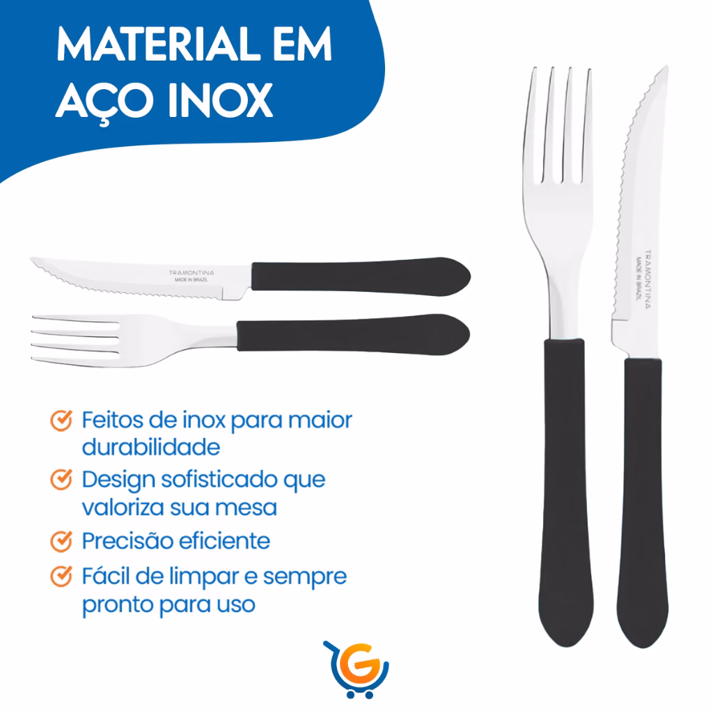 Kit Restaurante 24 Talheres 12 Facas + 12 Garfos Tramontina leme inox faca com serra - Imagem 2