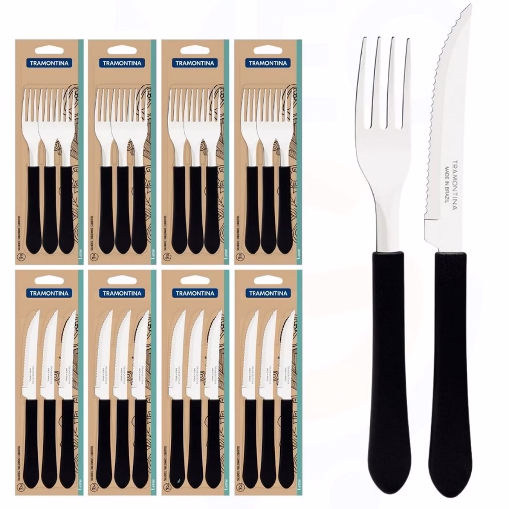 Kit Restaurante 24 Talheres 12 Facas + 12 Garfos Tramontina leme inox faca com serra