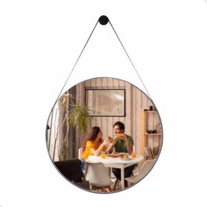 Espelho Decorativo Grande Redondo Adnet Suspenso 60cm Suporte Couro Pino Decoração