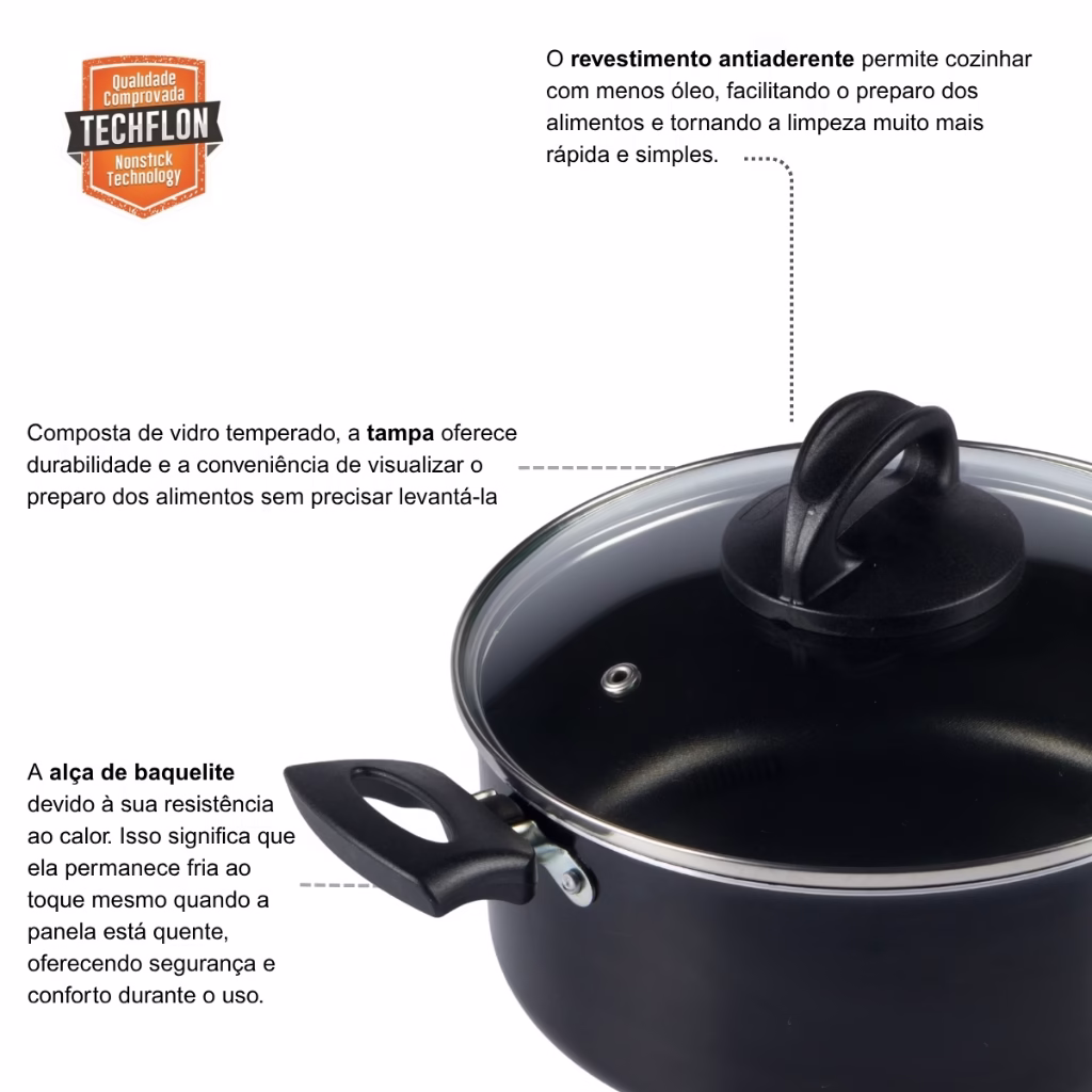 Caçarola Antiaderente Tampa Vidro 18Cm 1900Ml Preto Nacional - Imagem 2