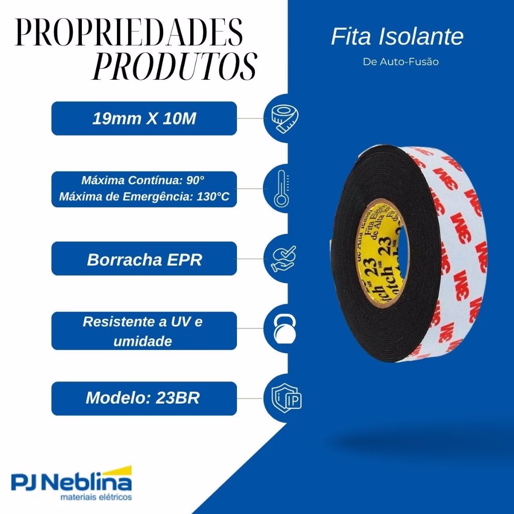 Fita Isolante de Auto fusão 3M 23BR 19mm x 10m Preta | Ideal Emendas Elétricas, Cabos e Alta Tensão - Imagem 2
