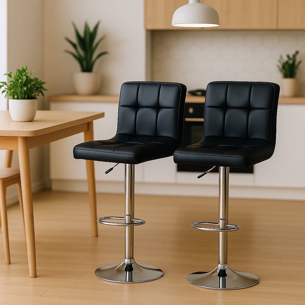 Kit 2 Banquetas Altas Estofada Gomos para Cozinha Ilha Bancada Gourmet com Regulagem Giratória Preta