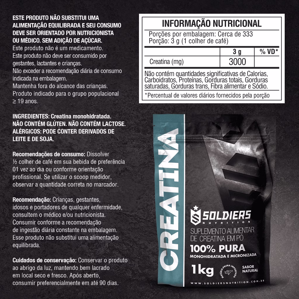 Creatina Monohidratada 1kg 100% Pura Importada Soldiers Nutrition Suplemento Performance Muscular Força - Imagem 2