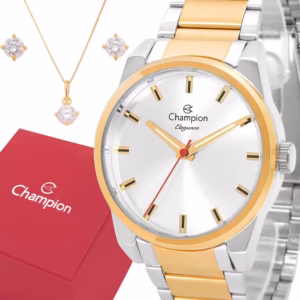 Relógio Champion Feminino Dourado Prova d'água com 1 ano de garantia com colar e brincos