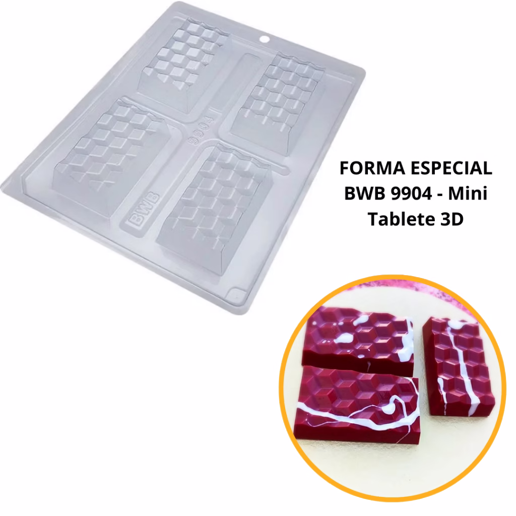 1~4 Forma BWB Com Silicone(3 partes) Para Chocolate Cód.9904-Mini Tablete 3D 85g. Barra Recheada G.