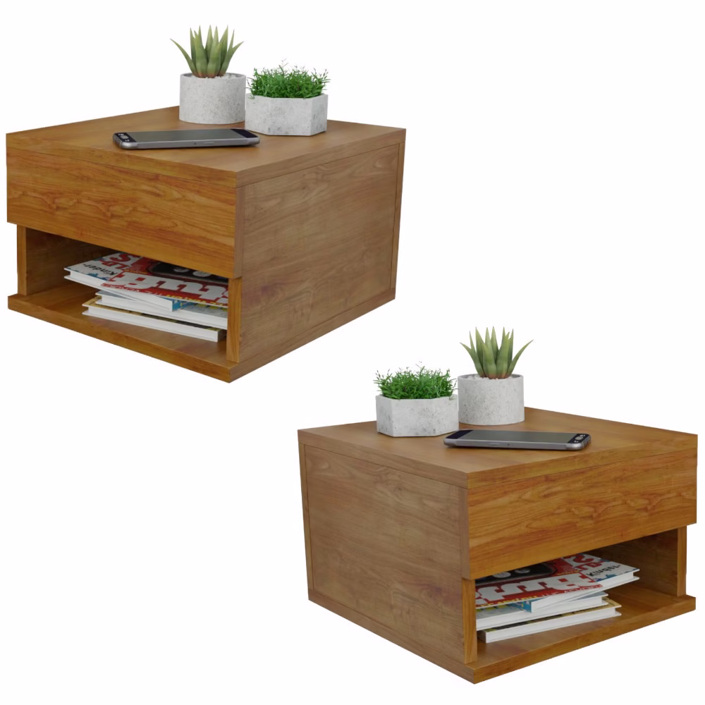 Kit 2 Mesa de Cabeceira Suspensa com Gaveta e Nicho Amadeirado Freijó Mesinha