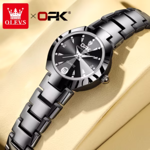 OPK Relógio Feminino A Prova d água Com Pulseira Preto Prata Aço Inoxidável Casual 8105