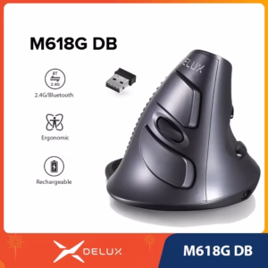 Delux M618G DB Rato Sem Fio Vertical Recarregável Bluetooth Ergonômico 1600 DPI Com Descanso Removível Para Palma