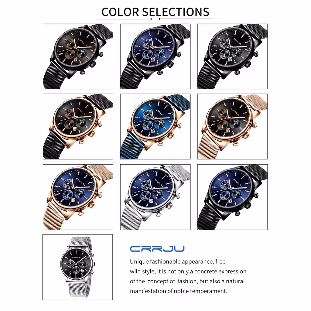 Relógio de Quartzo CRRJU Esportivo Luxuoso com Mostrador Azul Cronógrafo Masculino 2266 - Imagem 2