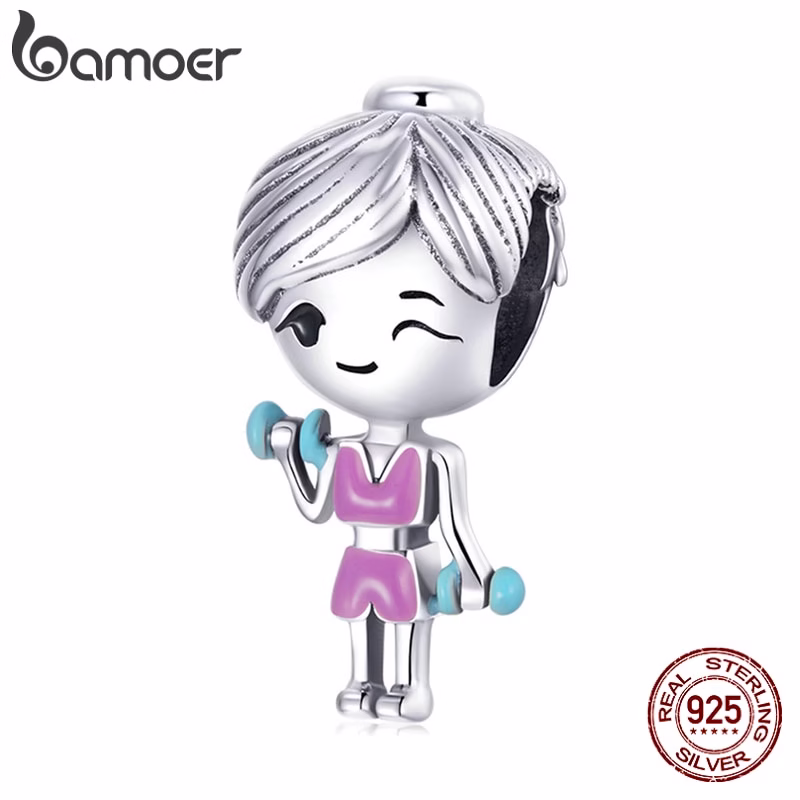 Bamoer Charme de Menina Academia Rosa Prata 925 para Pulseira Fitness DIY BSC488