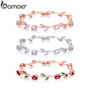 Bamoer Pulseira Com Folha De Rosa Cor De Ouro & Elo Vermelho + Verde AAA Zircon Para Presente/Mãe Jóias JIB072