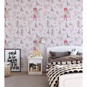 Papel de Parede Infantil Paris fundo rosa claro Flores e torre Eiffel