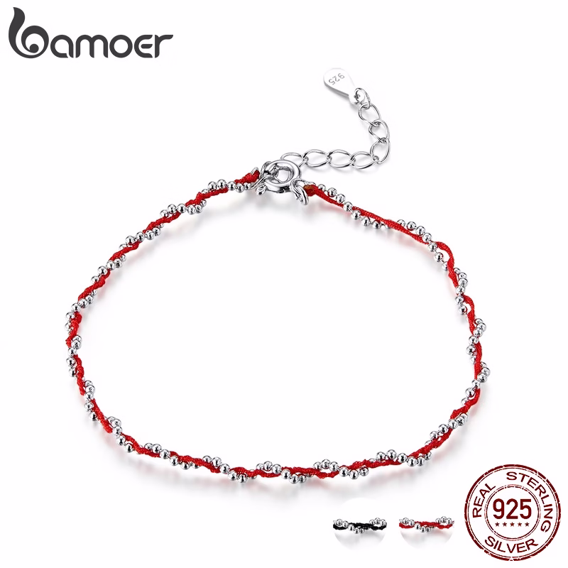 BAMOER Black&Red String And Chain Fashion Bracelet For Woman Authentic 925 Silver