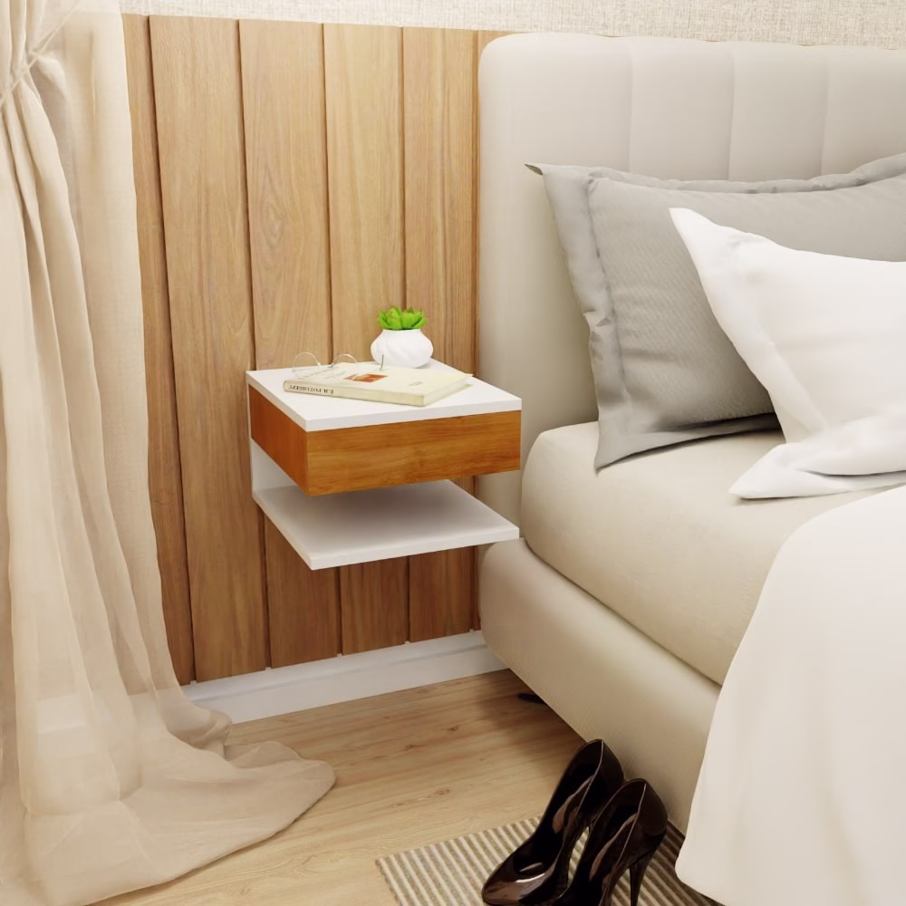 Mesa De Cabeceira Cor Branco E Madeira Freijó Mesinha Suspensa Com Gaveta e Prateleira MVD Móveis - Imagem 2