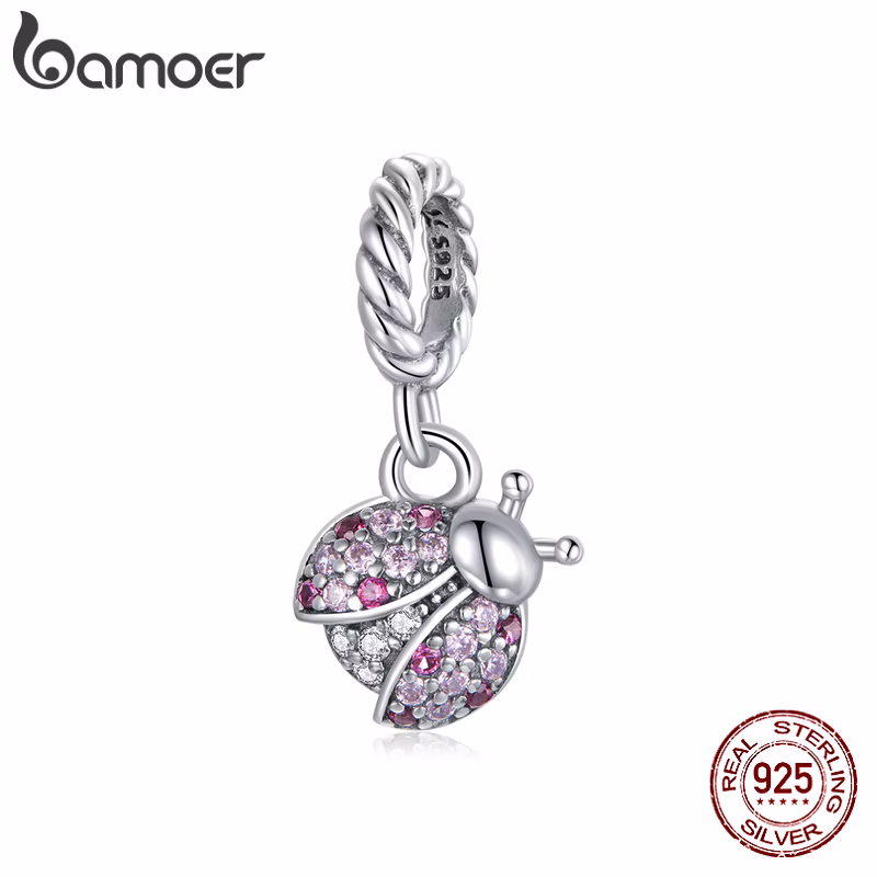Bamoer Real Silver 925 Pingente Com Cubic Zircon Joaninha Forma Para Pulseira Diy Jóias Charme Scx125