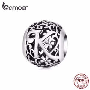 BAMOER Retro Letter K Round Bead 925 Sterling Silver Charm Bracelet DIY Accessories SCC1444-K