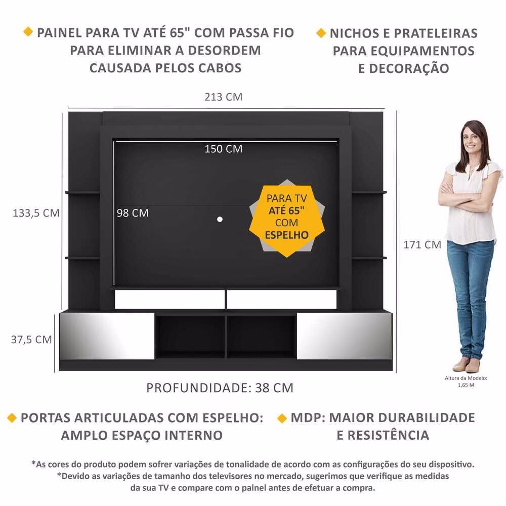 Rack c/ Painel TV 65" Portas c/ Espelho Oslo Multimóveis Preto/Madeirado - Imagem 2