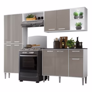 Cozinha Completa Compacta c/ 2 Leds, Armário e Balcão c/ Tampo 4 pçs Xangai Multimóveis Bca/Lca Fumê