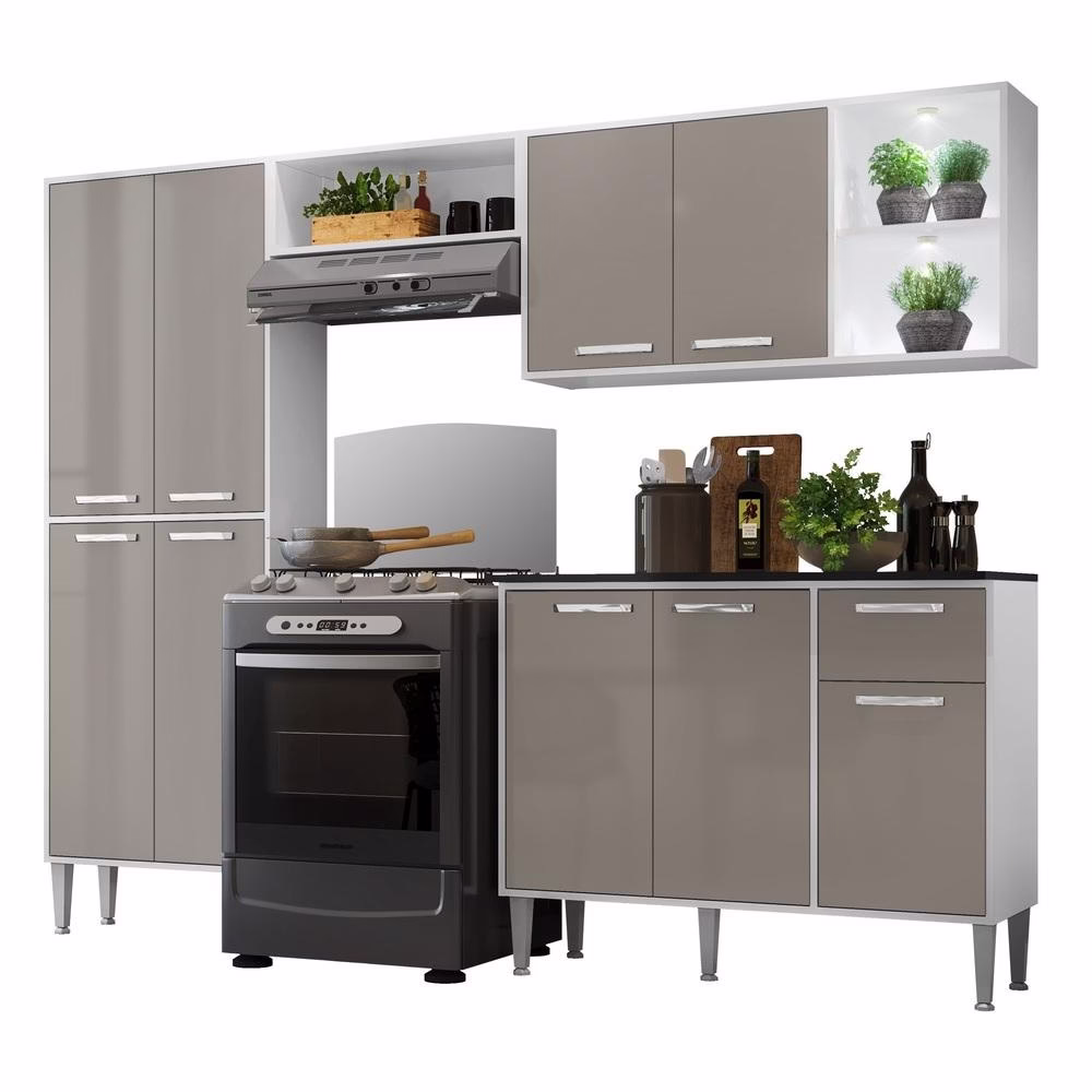 Cozinha Completa Compacta c/ 2 Leds, Armário e Balcão c/ Tampo 4 pçs Xangai Multimóveis Bca/Lca Fumê