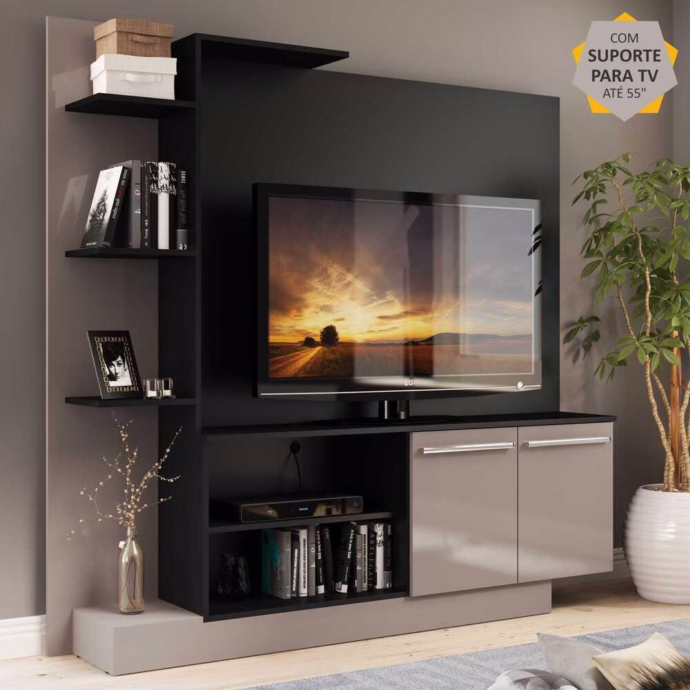 Estante Home Theater com Suporte P/TV até 55'' Denver Multimóveis Preto/Lacca Fumê