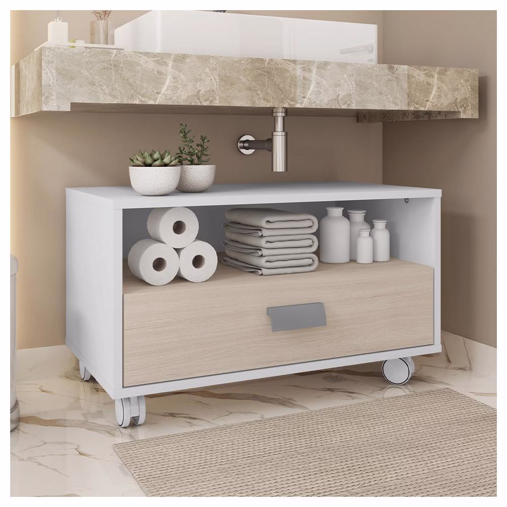 Gabinete Armário Banheiro Com Rodízios Branco Towel Caemmun