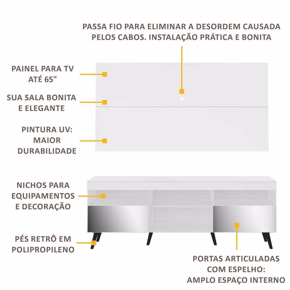 Rack c/ Painel P/TV 65", espelho e pés retrô Flórida Multimóveis Branco/Preto - Imagem 2