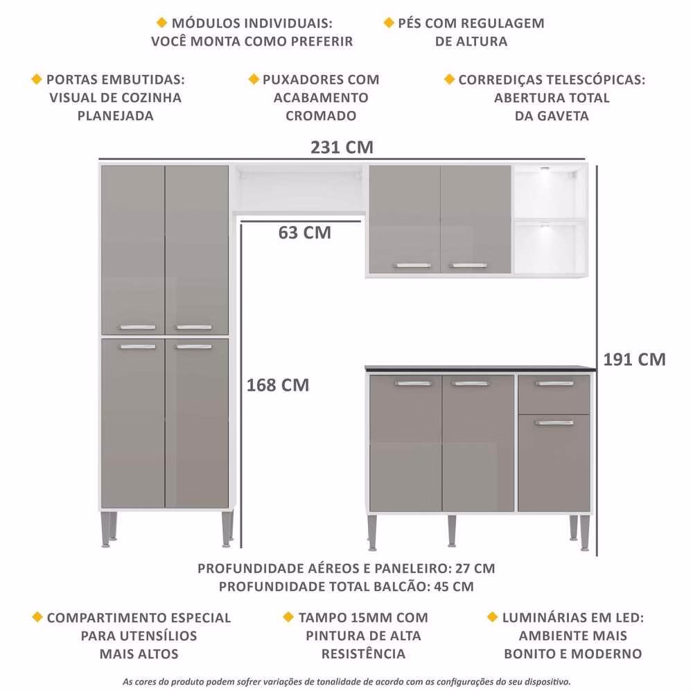 Cozinha Completa Compacta c/ 2 Leds, Armário e Balcão c/ Tampo 4 pçs Xangai Multimóveis Bca/Lca Fumê - Imagem 2