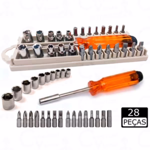 Kit Chaves Jogo Ferramentas Soquete Bits 28 Peças Com Estojo Uso Geral Aço Cromado - Vanádio