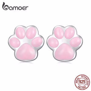 Bamoer Cute 925 Prata Rosa E Preto Gato Brincos De Pata Para Meninas