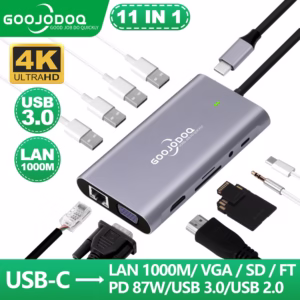 GOOJODOQ USB C hub 10 em 1 MB Adaptador tablet Laptop Tipo C Display Port Para HDMI 4K RJ 45 Cabo VGA PD 100W 3.5mm SD Card TF Card 3 Port