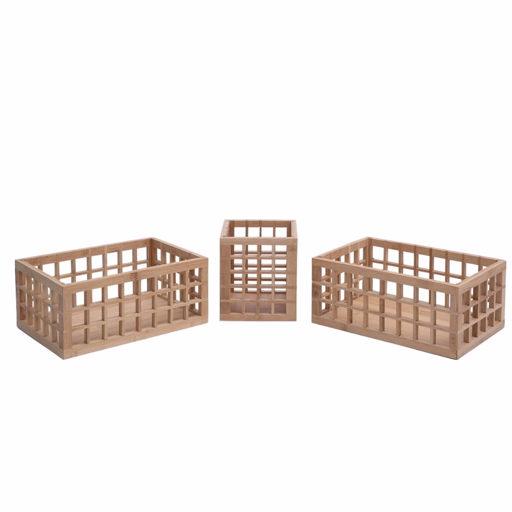 Kit porta utensílios de bambu e 2 cestos vazados bambu Oikos