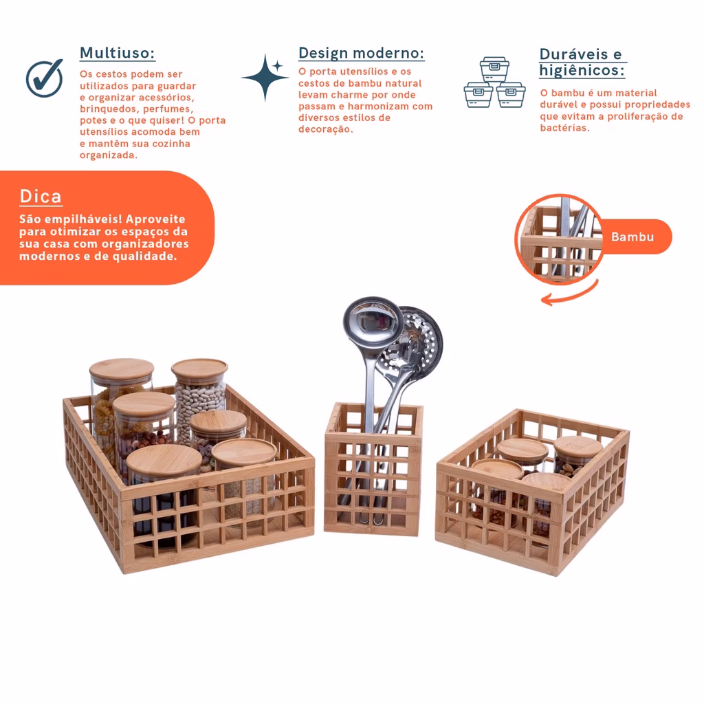 Kit porta utensílios de bambu e 2 cestos vazados bambu Oikos - Imagem 2