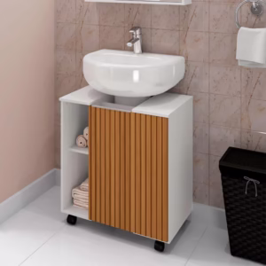 Gabinete Armario Banheiro Para Pia de Coluna Pequin Cor Branco Efeito Ripa