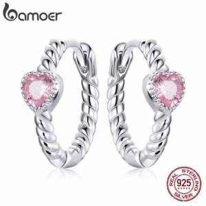 Brincos De Prata 925 Bamoer Em Formato De Coração Com Zircônia Rosa Joias Da Moda Para Mulheres E Meninas Presente SCE10