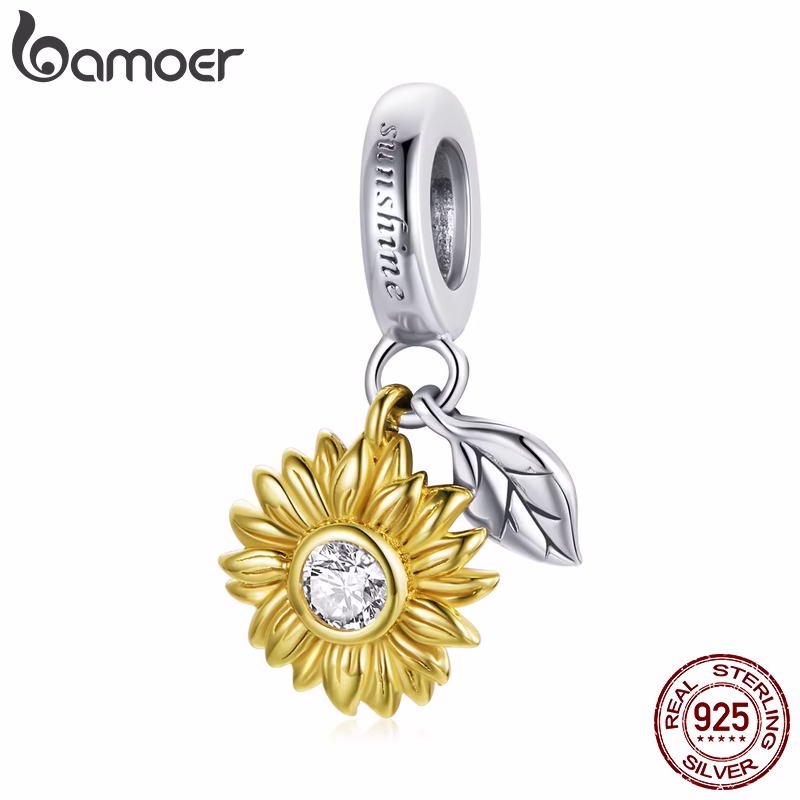 Bamoer Charm Bead Brilhando Girassol Real Prata 925 Fit Pulseira Diy Acessórios De Moda Bsc462