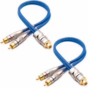 2 Cabos Y RCA Blindado Techone 2 Machos 1 Femea Azul 5mm Plug Metal Som Automotivo Conectores Duplos Banhado a Ouro Proteção Contra Ruídos Fio De Cobre Caixa Bob Paredão