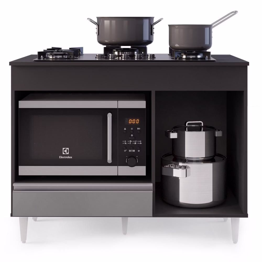 Balcão Multiuso para Cooktop 4 Bocas Georgia Preto/Cinza - Lumil Móveis - Imagem 2
