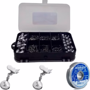 Kit Estojo Pesca Esportiva Linha Sinete Giradores Chumbada e Anzol