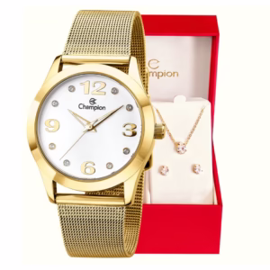 Relógio Champion Feminino Analógico Dourado Kit de Brincos e Colar Original À Prova d'Água CN29098W