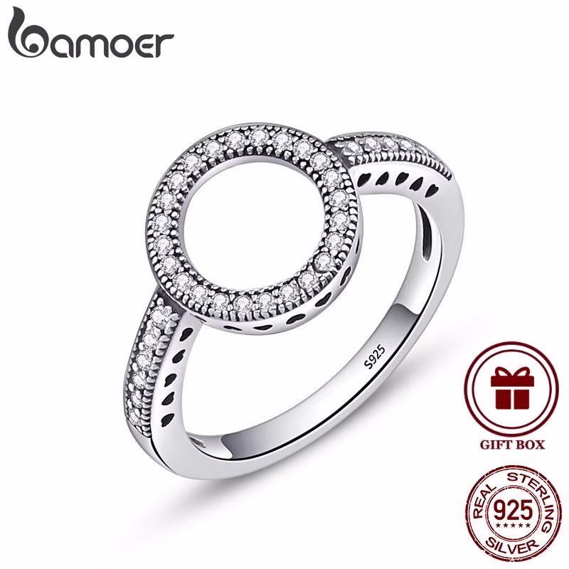 Bamoer Anel de Natal Cz Preto Redondo Prata 925 com Brilho Permanente para Presente Feminino SCR041