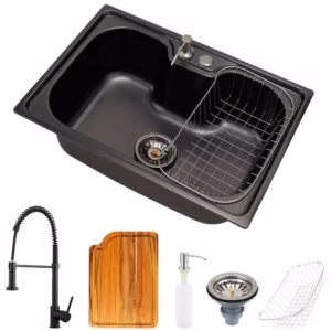 Cuba para cozinha gourmet pia aço inox com acessórios e tábua de corte Carajás Preta e Torneira monocomando Envira Preta